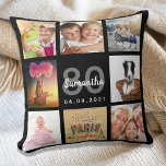 80th birthday photo collage woman black throw pillow<br><div class="desc">A unique gift for a womans 80th birthday, celebrating her life with a collage of 8 of your own photos, pictures. Personalize and add her name, age 80 and a date. A chic black background. Gray and white letters and numbers. The name is written with a modern hand lettered style...</div>