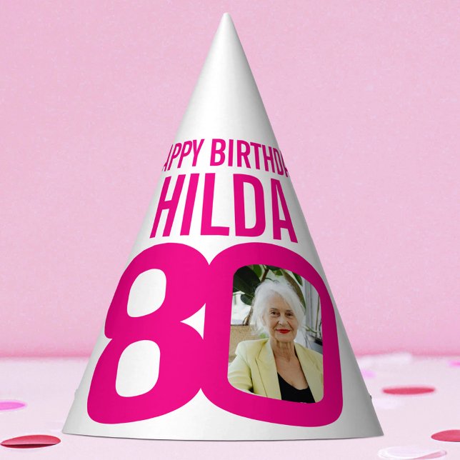 80th birthday photo custom photo pink white party hat (Creator Uploaded)