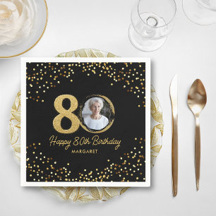 80th Birthday Photo Elegant Black Gold Glitter Napkins