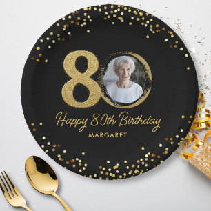 80th Birthday Photo Elegant Black Gold Glitter Paper Plates