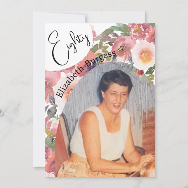 80th Birthday Photo Floral Elegant Birthday Invitation (Back)