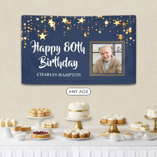 80th Birthday Photo Gold Stars Blue Personalized Banner