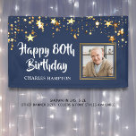 80th Birthday Photo Gold Stars Blue Personalized Banner<br><div class="desc">Celebrate the 80-year-old and/or welcome party guests with this blue and gold themed banner with gold stars and HAPPY 80TH BIRTHDAY in an editable modern, brush script font and personalized with their name and one photo. The title is editable to change to any age birthday. PHOTO TIP: Choose a photo...</div>