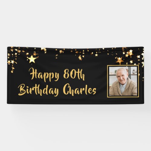 80th Birthday Photo Gold Stars Personalized Black Banner