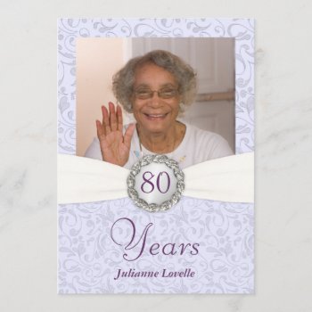 80th Birthday Photo Invitations Lavender Damask by SquirrelHugger at Zazzle