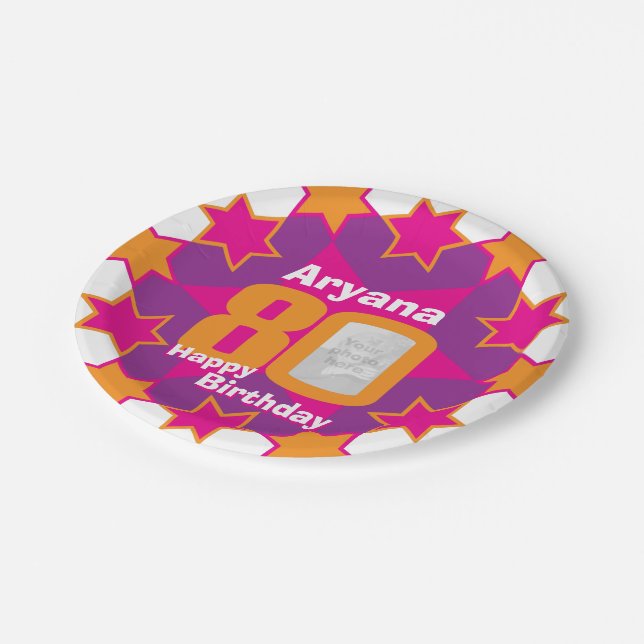 80th birthday photo name pink star paper plate (Angled)