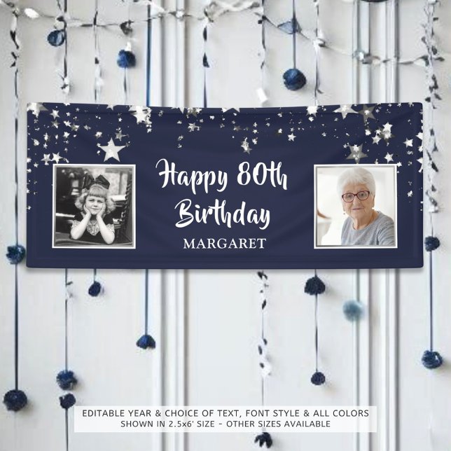 80th Birthday Photo Navy Silver Stars Personalized Banner (Creator Uploaded)
