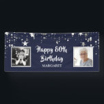 80th Birthday Photo Navy Silver Stars Personalized Banner<br><div class="desc">Celebrate any age birthday for him or her with this navy blue and silver star themed banner sign featuring two photos (perhaps THEN and NOW photos) and personalized with your custom text (the sample shows HAPPY 80TH BIRTHDAY NAME). PHOTO TIP: For fastest/best results, choose a photo with the subject in...</div>