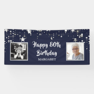 80th Birthday Photo Navy Silver Stars Personalized Banner