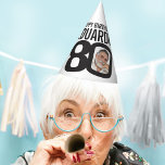 80th birthday photo personalized white black mono party hat<br><div class="desc">Add your own photo and name party hat. Ideal for a special 80th birthday party celebration. Simple black and white design. Other matching birthday items are available.  Original graphic art and design by www.mylittleeden.com</div>