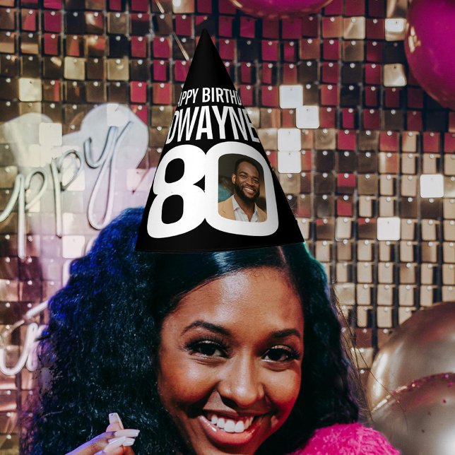 80th birthday photo personalized white black party hat (Creator Uploaded)