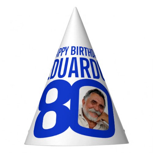 80th birthday photo personalized white blue party hat
