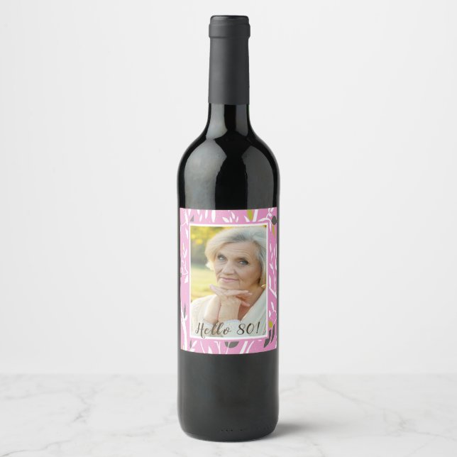 80th birthday photo pink botanical pattern wine label (Front)