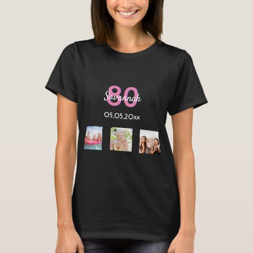 80th birthday photo pink monogram woman T_Shirt