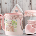 80th birthday photo pink rose gold glitter balloon mug<br><div class="desc">A gift for 80th birthday. A blush pink background decorated with elegant rose gold colored faux glitter drips,  paint dripping look. Personalize and add your own photo of the birthday girl. Number 80 is written with a trendy balloon style font.</div>