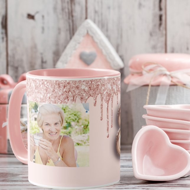 80th birthday photo pink rose gold glitter balloon mug