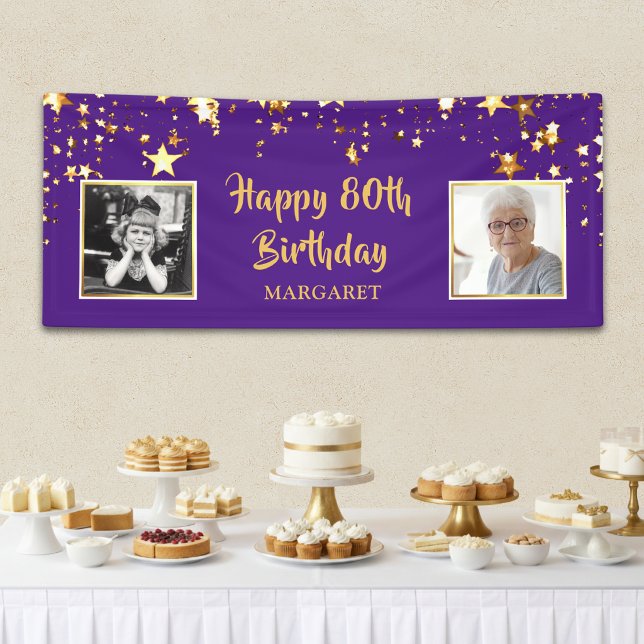 80th Birthday Photo Purple Gold Stars Personalized Banner (Creator Uploaded)