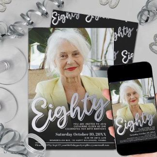80th Birthday photo silver eighty script party Invitation