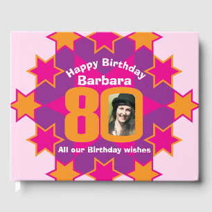 80th birthday photo star pink orange guest book
