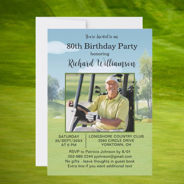 80th Birthday Photo Watercolor Golf Theme Invitation (Creator Uploaded)