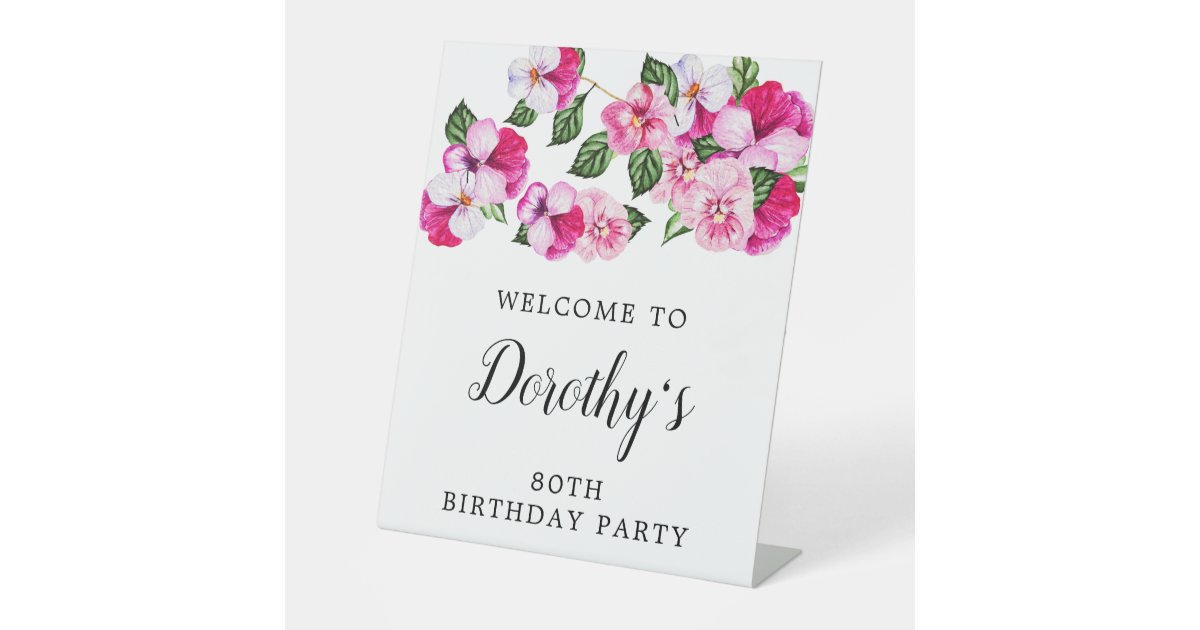 80th Birthday Pink and White Floral Pedestal Sign | Zazzle