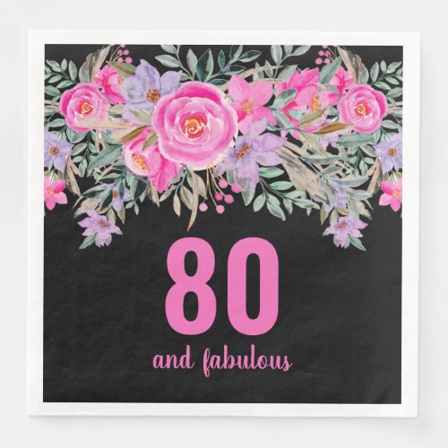 80th birthday pink black floral party napkins