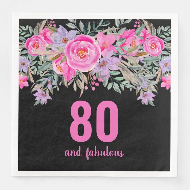 80th birthday pink black floral party napkins (Front)