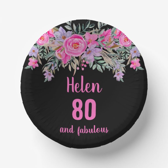 80th birthday pink black watercolor floral  paper bowls (Front)