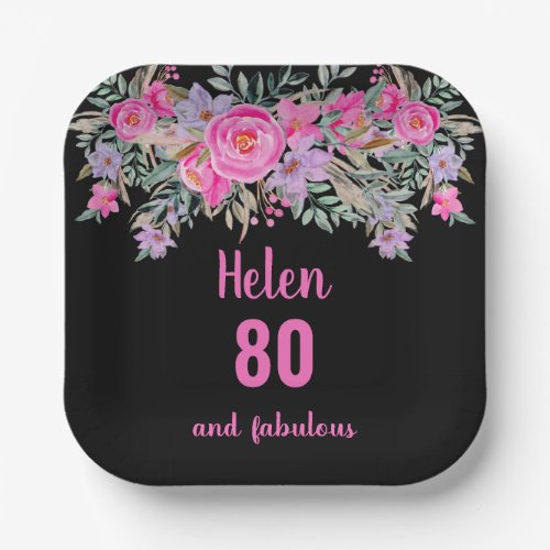 80th birthday pink black watercolor floral  paper plates