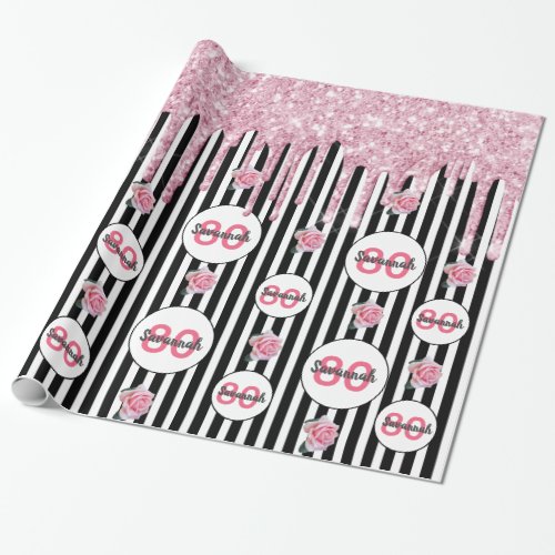 80th birthday pink black white stripes glitter wrapping paper
