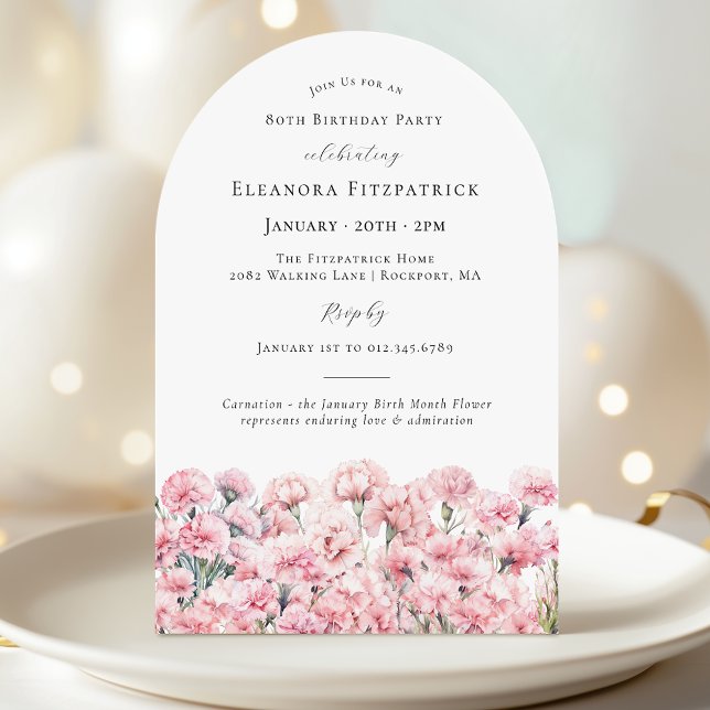 80th Birthday Pink Carnation January Birth Flower Invitation (Creator Uploaded)