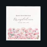80th Birthday Pink Carnation January Birth Flower Napkins<br><div class="desc">Perfect table decor for a January birthday party. Carnation is the birth flower for that month. It forms a pretty watercolor floral bottom border on this festive personalized napkin. The birthday celebrant's name,  age and birthdate are placed above it using elegant calligraphy and typography. All text is editable.</div>