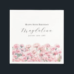 80th Birthday Pink Carnation January Birth Flower Napkins<br><div class="desc">Perfect table decor for a January birthday party. Carnation is the birth flower for that month. It forms a pretty watercolor floral bottom border on this festive personalized napkin. The birthday celebrant's name,  age and birthdate are placed above it using elegant calligraphy and typography. All text is editable.</div>