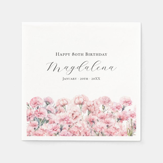 80th Birthday Pink Carnation January Birth Flower Napkins (Front)