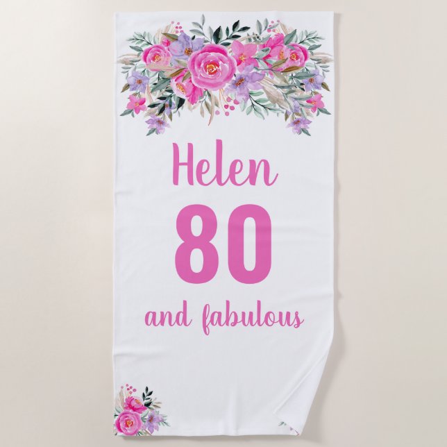 80th birthday pink floral  beach towel (Front)