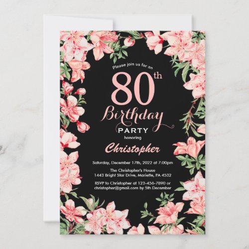80th Birthday Pink Floral Flowers Black Background Invitation
