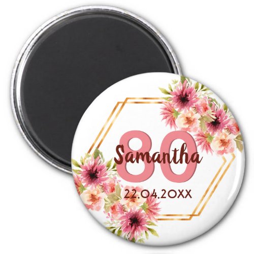 80th birthday pink floral geometric save the date magnet