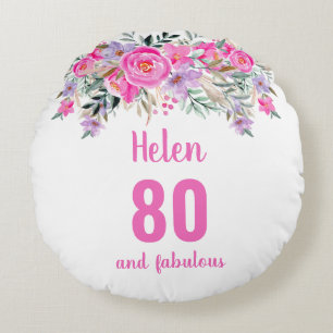80th birthday pink floral name round pillow