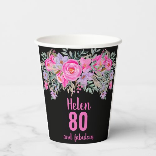 80th birthday pink floral paper cups