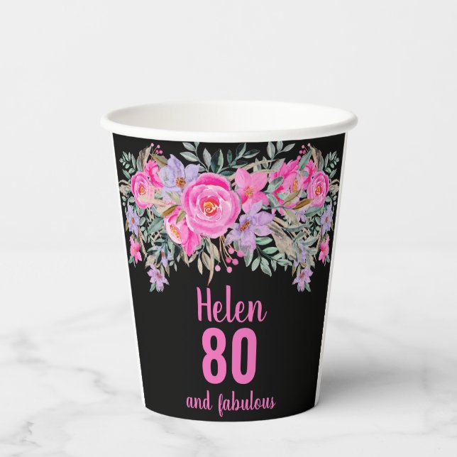 80th birthday pink floral paper cups (Back)