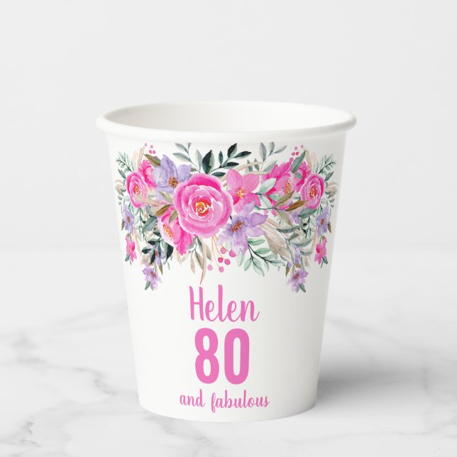 80th birthday pink floral paper cups (Front)