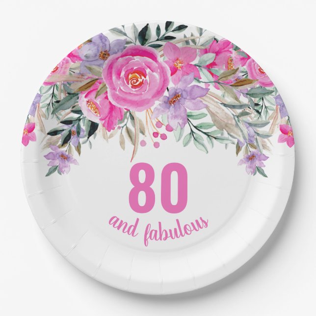 80th birthday pink floral  paper plates (Front)