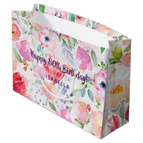 80th birthday pink floral pattern monogram large gift bag