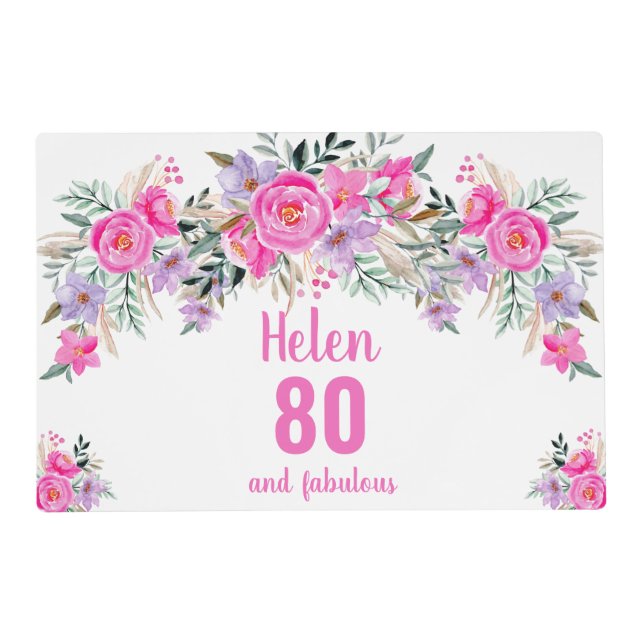 80th birthday pink floral  placemat (Front)