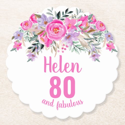 80th birthday pink floral script name paper coaster