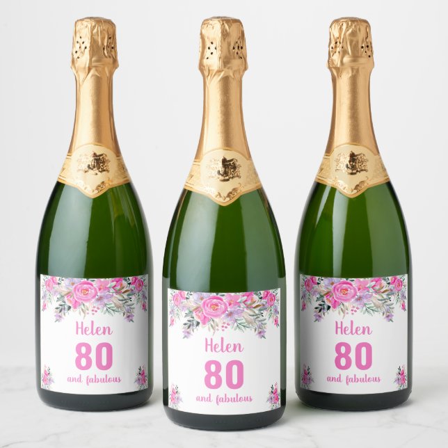 80th birthday pink floral  sparkling wine label (Bottles)