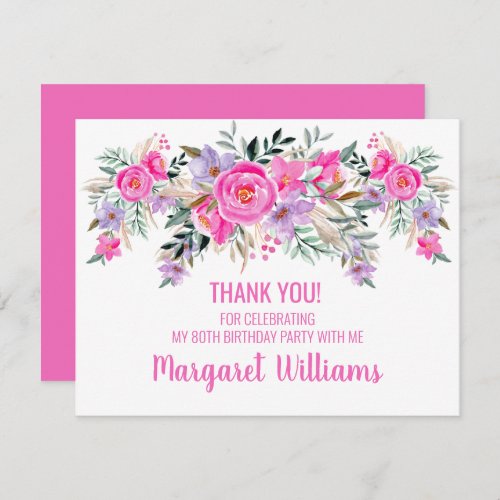 80th birthday pink floral thank you card