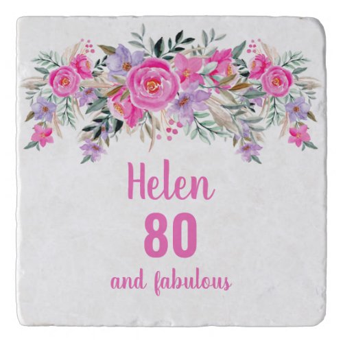 80th birthday pink floral  trivet