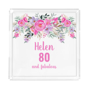 80th birthday pink floral trivet acrylic tray