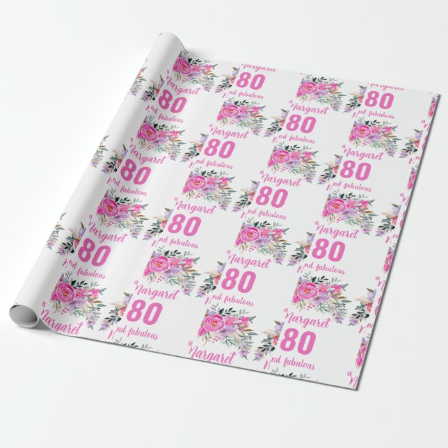 80th birthday pink floral wrapping paper (Unrolled)